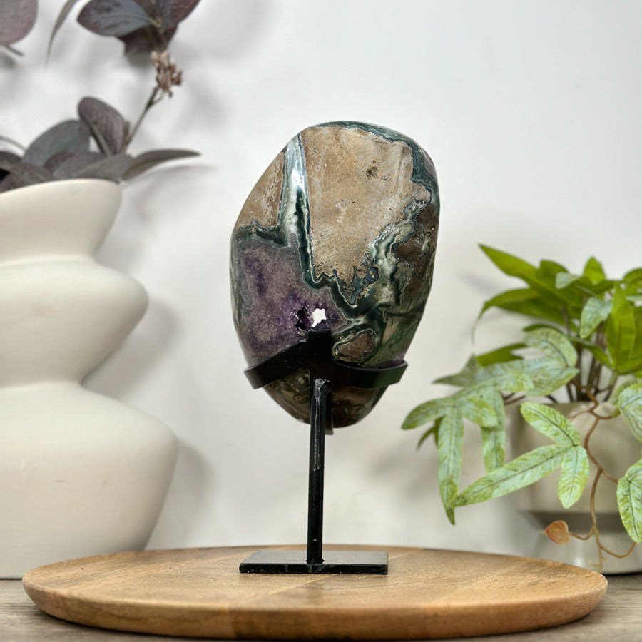 Amethyst &amp; Green Jasper Geode on Metal Stand - MWS3101