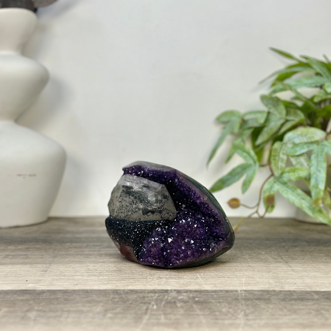 Natural Amethyst Geode with Calcite &amp; Black Hematite Inclusion - STGE0058