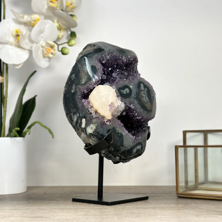 Natural Amethyst Stone with Calcite Crystal Formation, Metallic Display Included - MWS2355