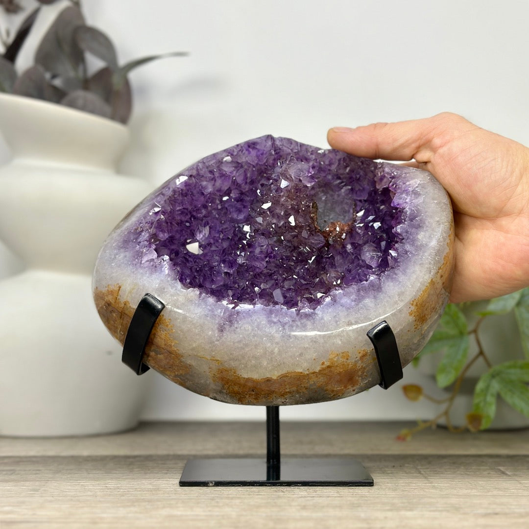 Unique Natural Amethyst Geode with Quartz Shell on Stand - MWS3313