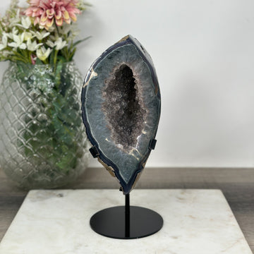 Beautiful NAtural Agate Geode with Sugar Quartz Crystals, Stand Included - MWS0748
