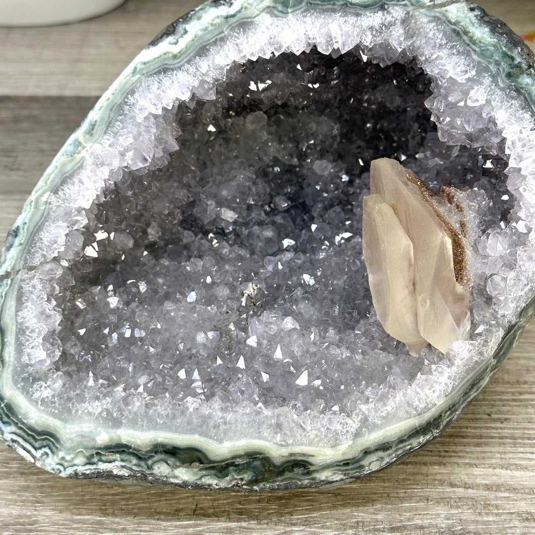 Natural Quartz &amp; Green Jasper Stone Geode with Calcite Formation - STGE0031