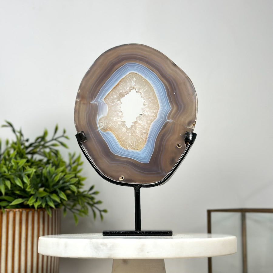 Blue Banded Agate Slice Portal with Metallic Stand - MWS2134