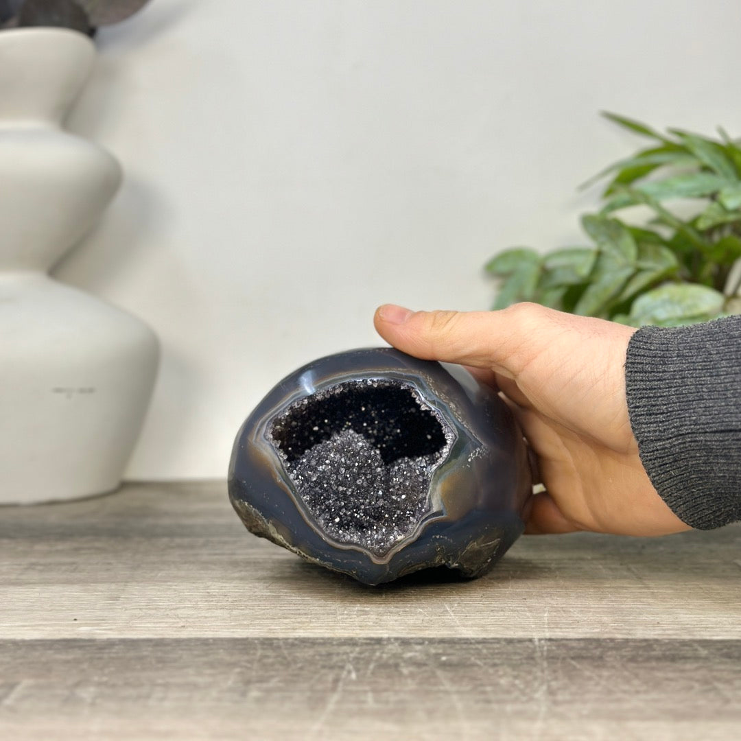 Polished Agate Stone Geode with Black Quartz Druzy - STGE0059