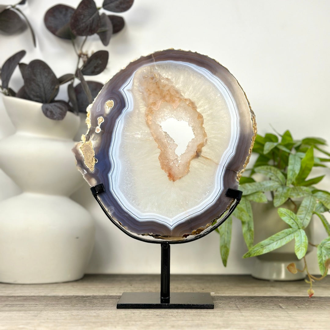 Blue Banded Agate &amp; Quartz Slice Portal on Metal Stand - MWS3290