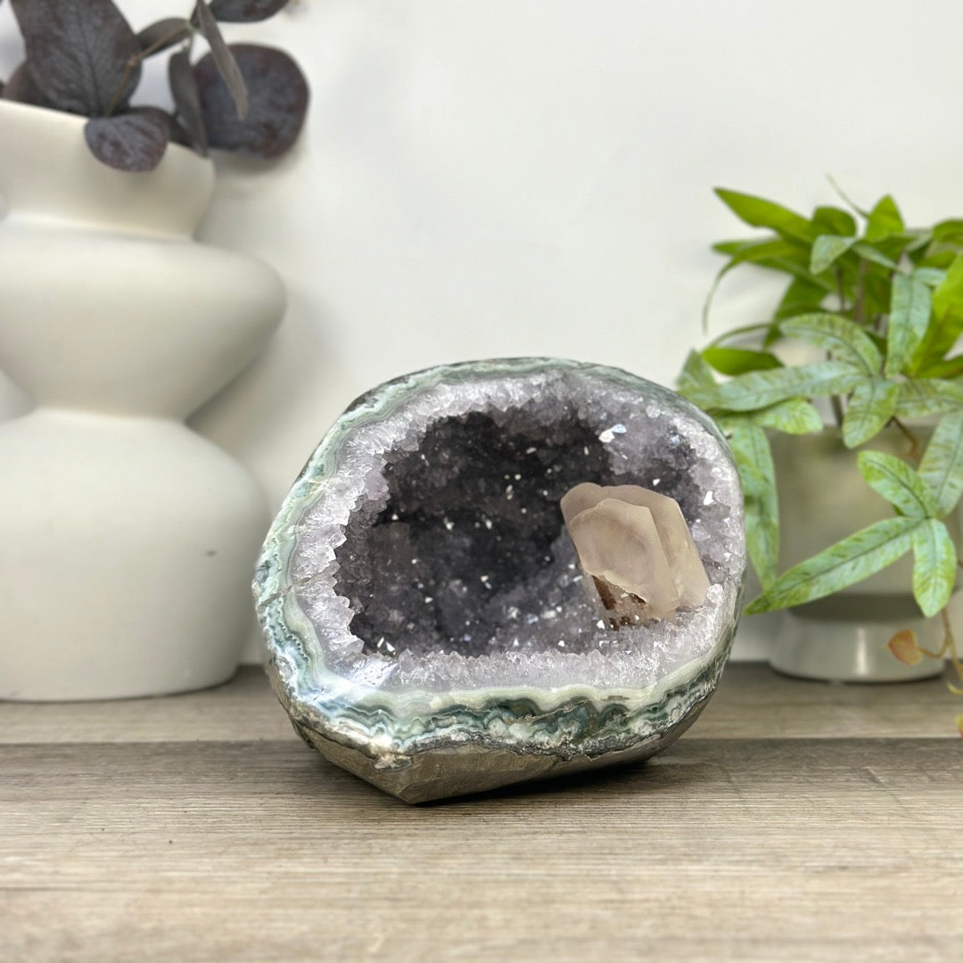 Natural Quartz &amp; Green Jasper Stone Geode with Calcite Formation - STGE0031