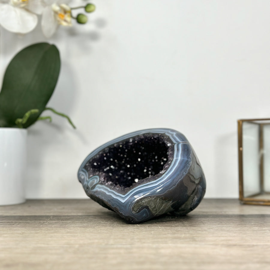Natural Amethyst Druzy &amp; Blue Banded Agate Stone Geode - STGE0018