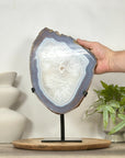 Polished Blue Banded Agate & Quartz Stone Slice on Metal Stand - MWS3037