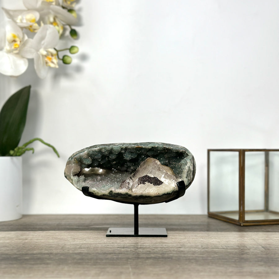 Green Quartz Geode with Calcite Crystal on Metal Stand - MWS2722