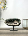 Green Quartz Geode with Calcite Crystal on Metal Stand - MWS2722