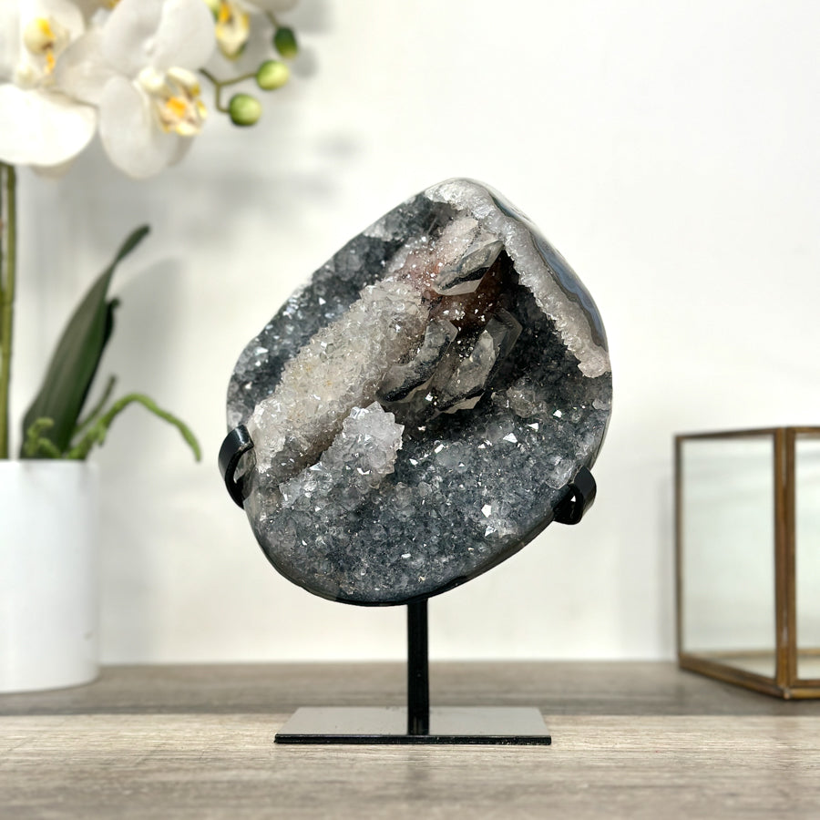 Quartz Crystal with Calite Geode on Stand Mineral Specimen