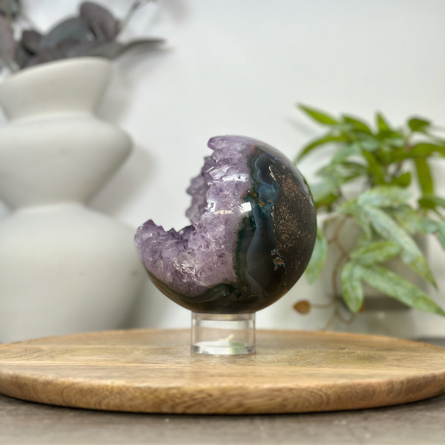 Amethyst &amp; Agate Sphere Geode with Crystal Druzy - SPH0183