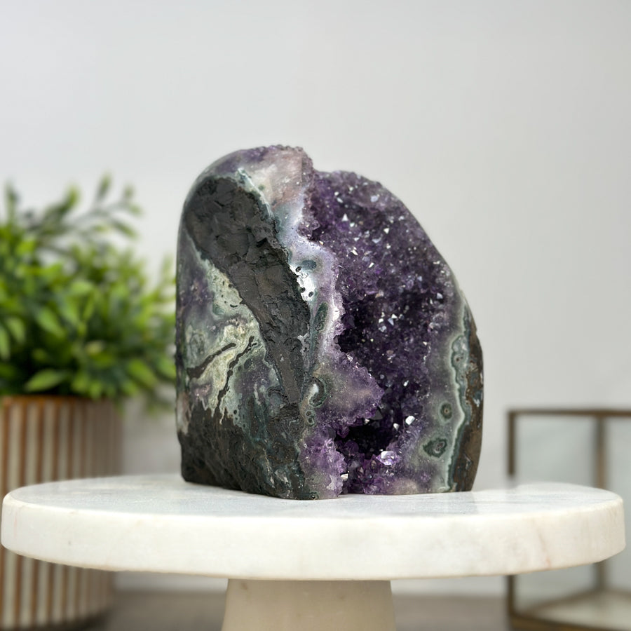 Amethyst Geode Crystal Cluster with Purple and Gray Jasper Bands - CBP1168