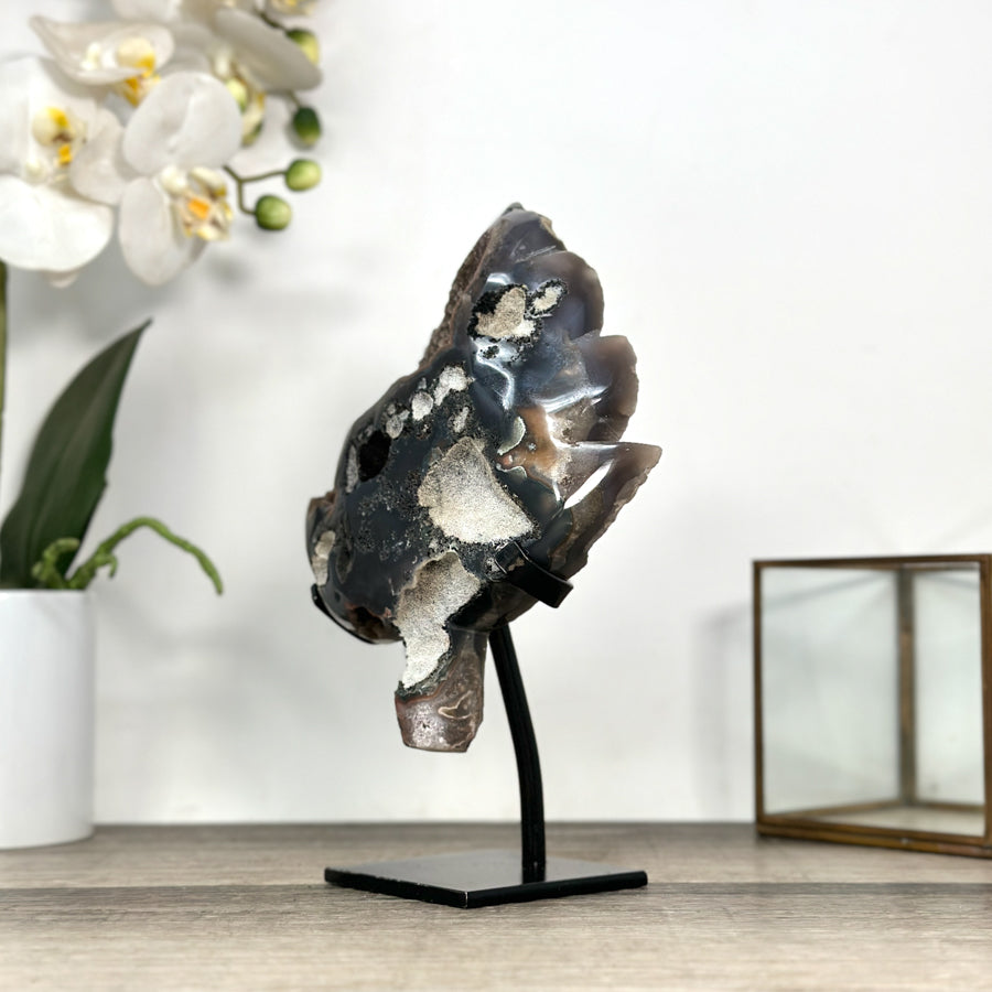 Agate Geode with Druzy Crystals and Deep Brown Hues Leaf Carving - MWS2809