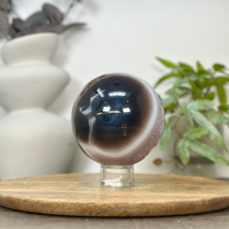 Amethyst &amp; Banded Agate Sphere Geode with Druzy Crystal Cavity - SPH0182
