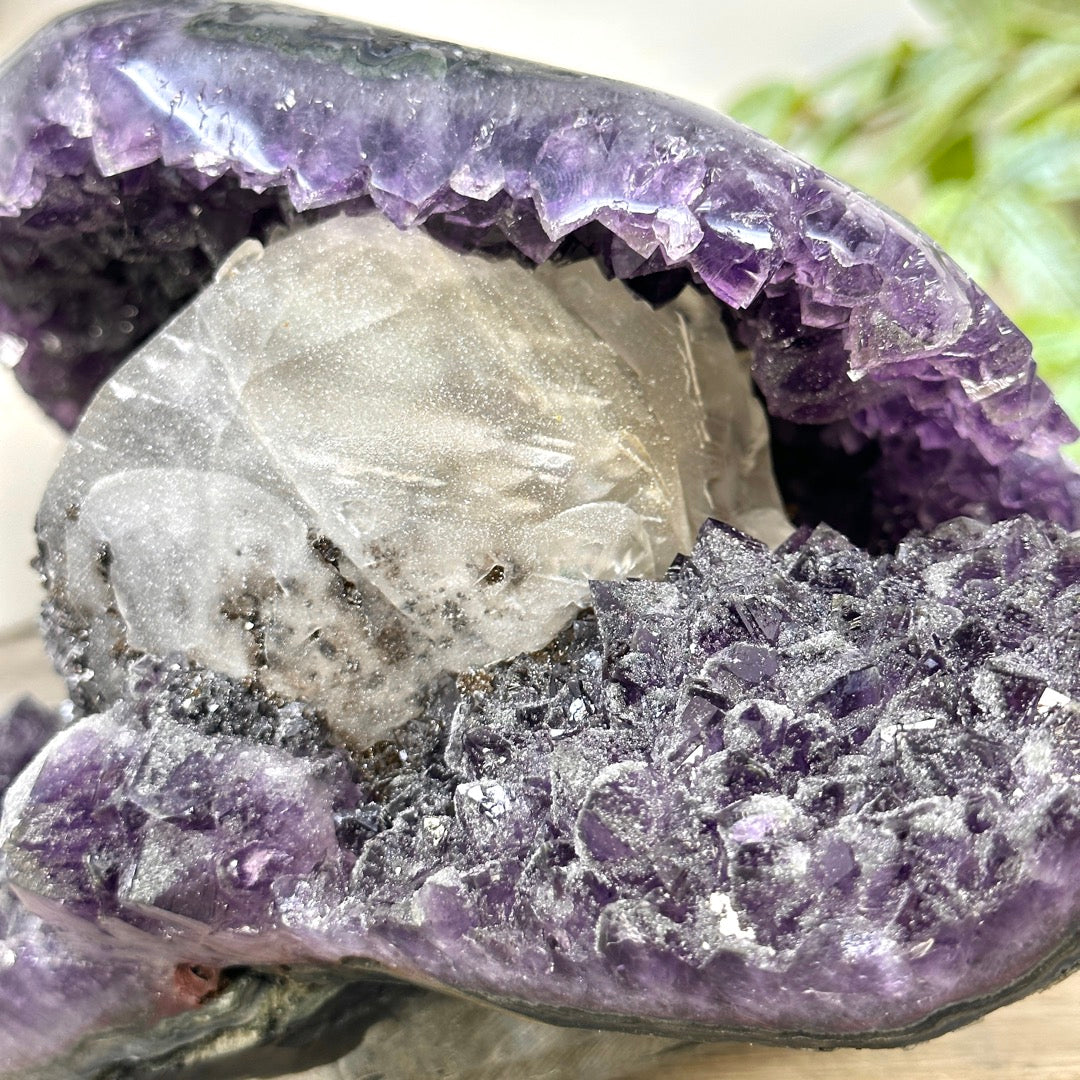 Natural Uruguayan Amethyst Geode with Calcite Formation Covered with Sugar Quartz Crystals - CBP1412