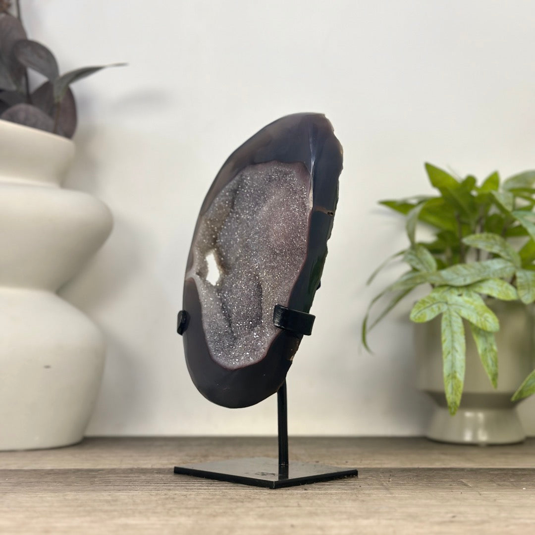 Blue Agate Geode with Druzy Crystals - Metal Stand included - MWS3347