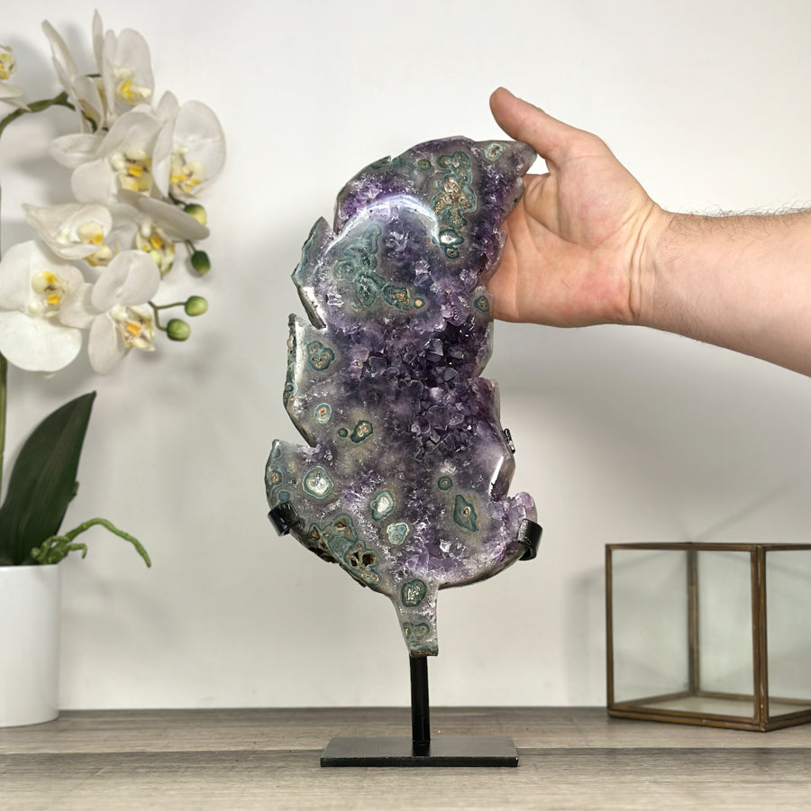 Amethyst Leaf Carving on Stand with Deep Purple Crystals - MWS2813