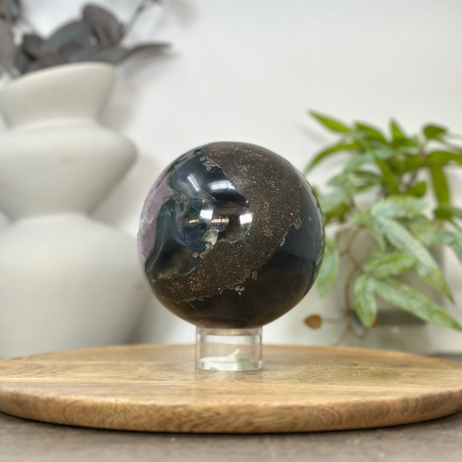 Amethyst &amp; Agate Sphere Geode with Crystal Druzy - SPH0183