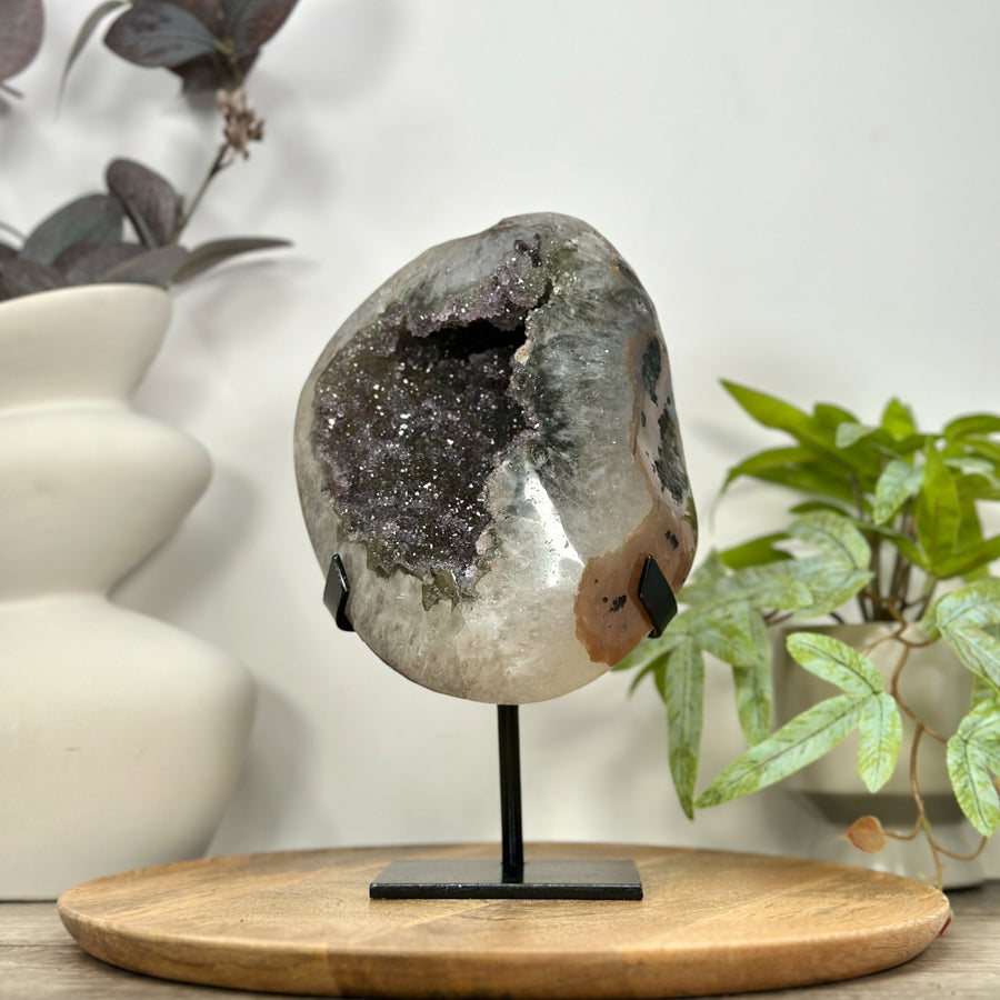 Natural Sugar Quartz Geode Mineral Specimen on Metal Stand - MWS3110