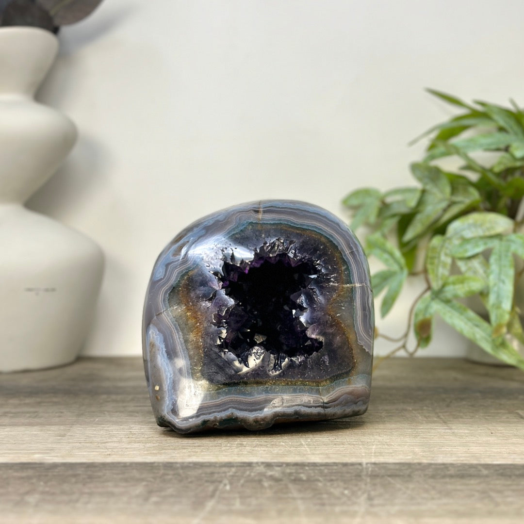 Deep Purple Amethyst &amp; Blue Banded Agate Stone Geode from Uruguay - STGE0063