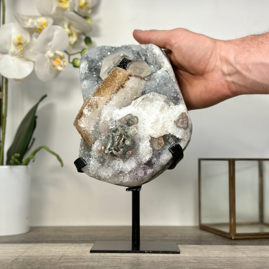 Quartz Crystal with Calite Geode on Stand Mineral Specimen
