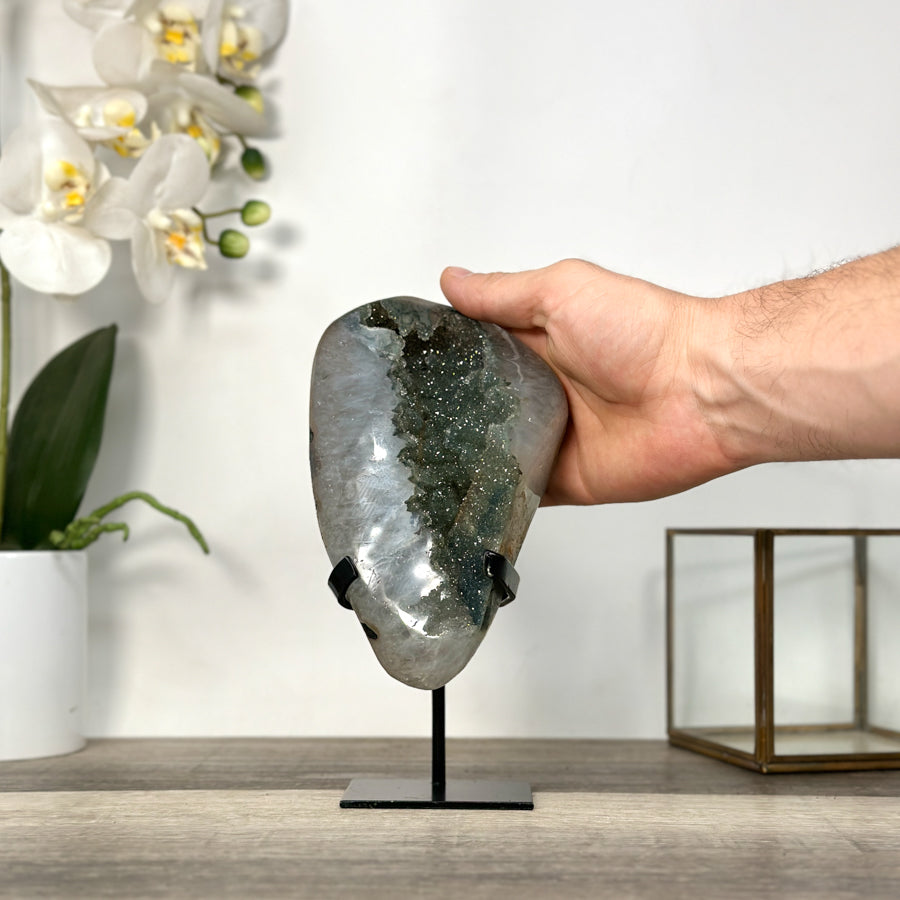 Polished Green Sugar Quartz Specimen on Black Metal Stand - MWS2726