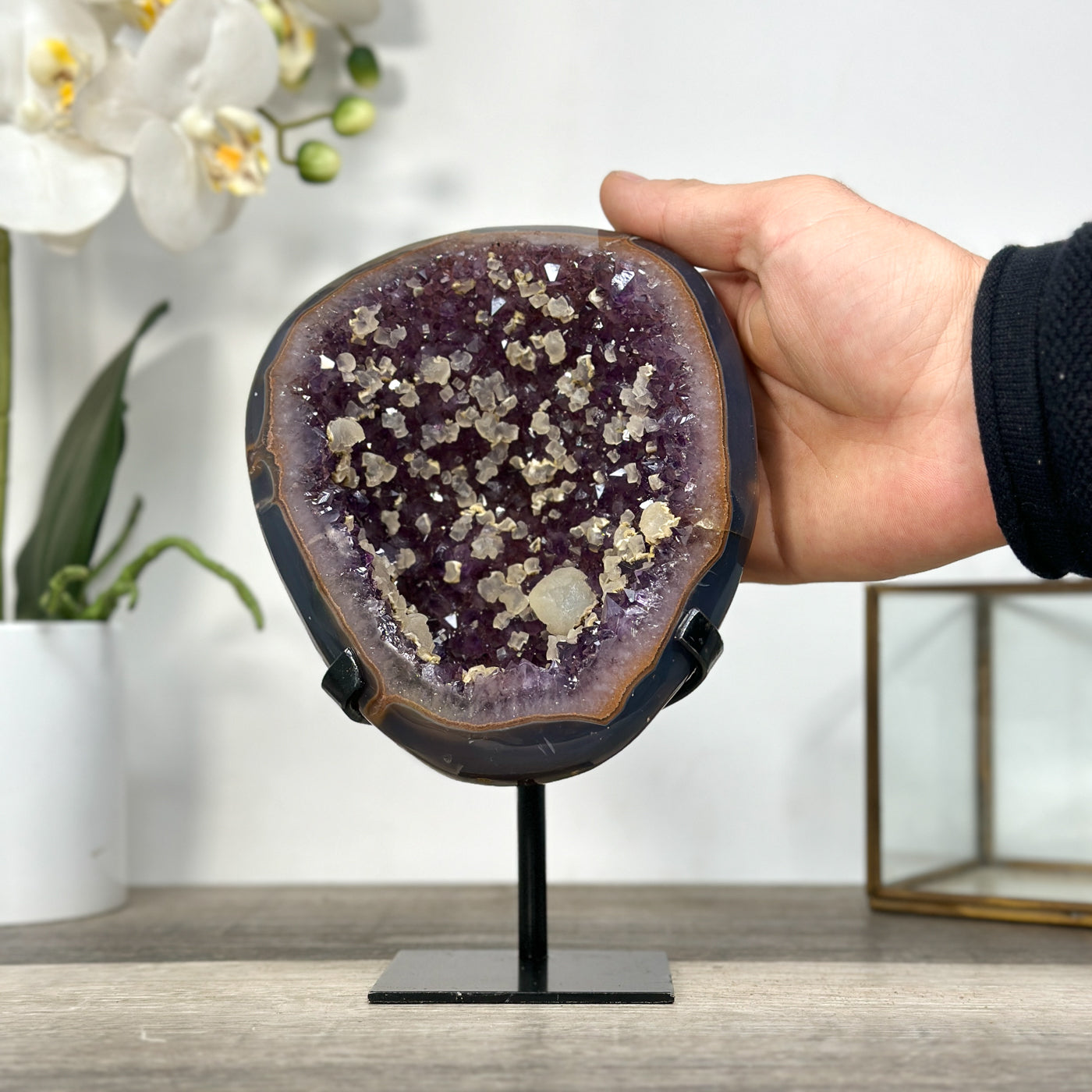 Natural Amethyst Geode with Calcite Inclusions on Stand - MWS2681