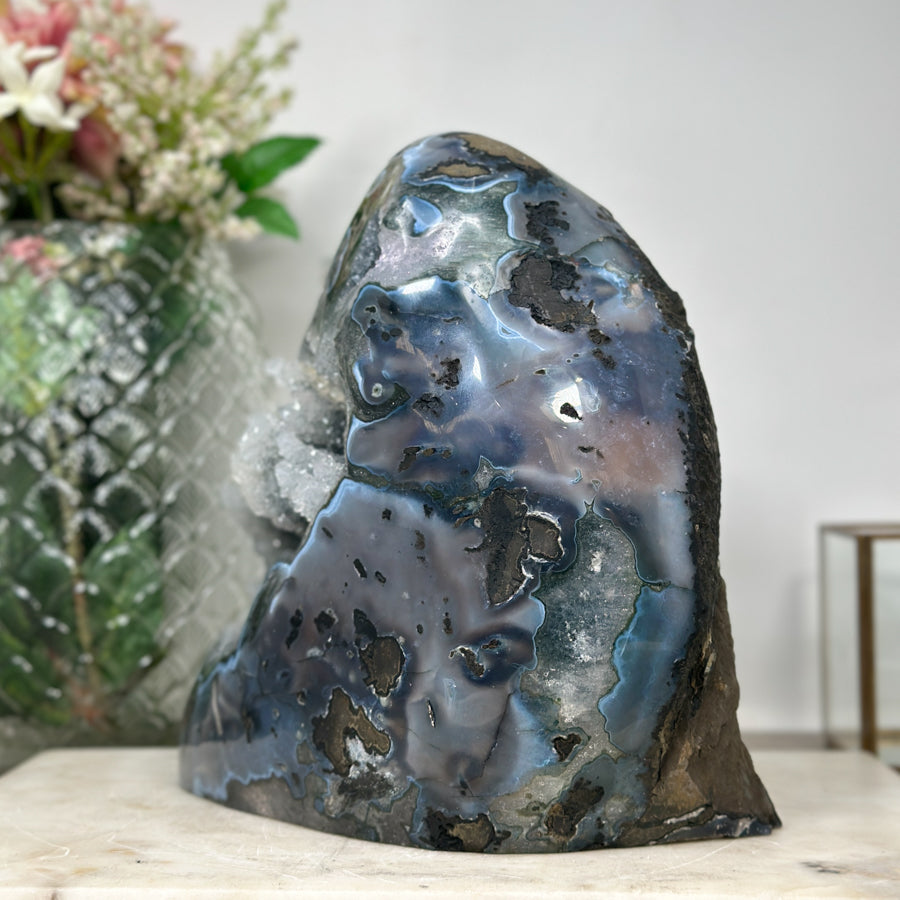 Unique Large Quartz Geode with Blue agate Shell full of Stalactites - CBP1074