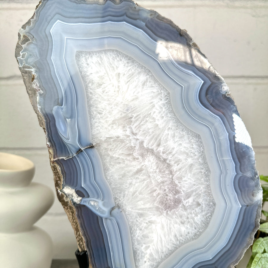 XXL Natural Blue Banded Agate &amp; Quartz Stone Slice on Stand - MWS3042