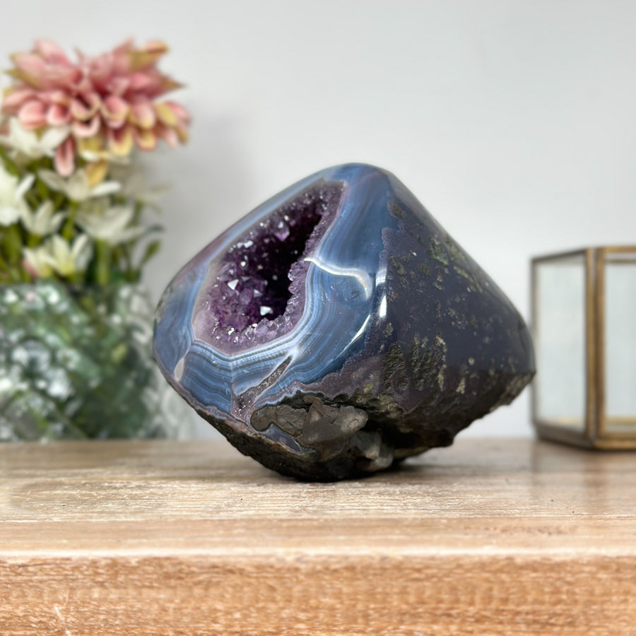 Amethyst &amp; Blue Banded Agate Stone Geode with Druzy Cavity - STGE0005