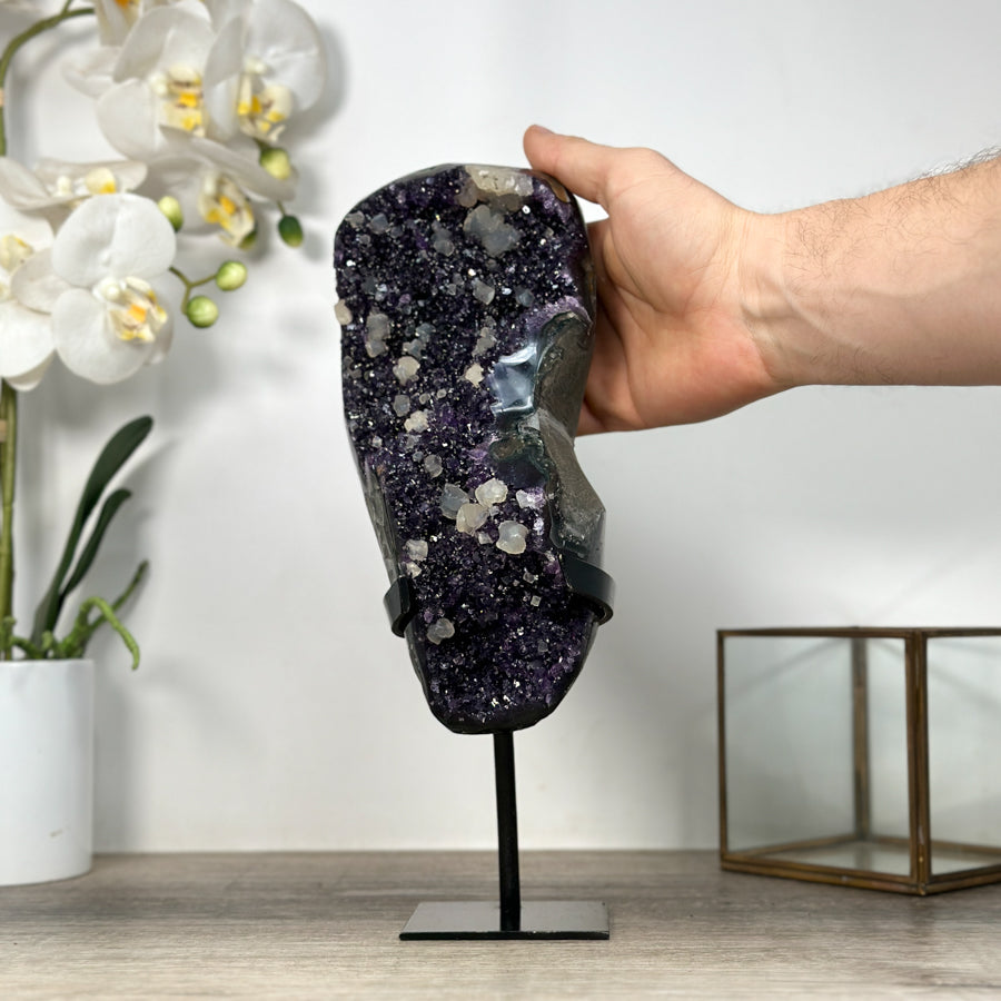 Natural Amethyst with Calcite Inclusions on Metal Stand - MWS2489