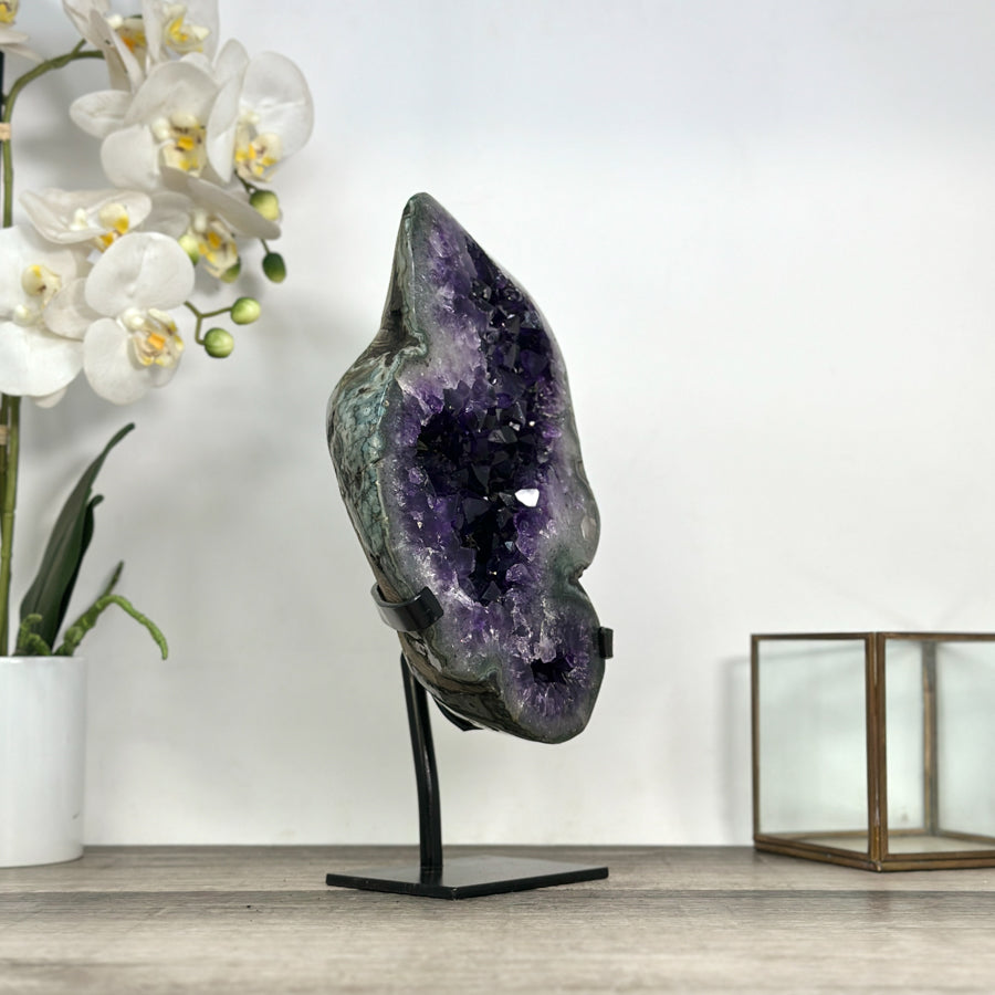 Large Natural Amethyst Stone with Green Jasper Shell on Metal Stand - MWS2820