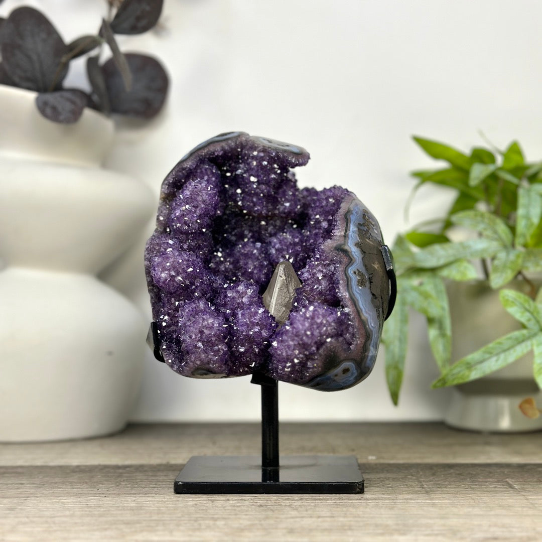 Natural Amethyst &amp; Calcite Formation with Stalactites and Blue Agate Shell - MWS3287