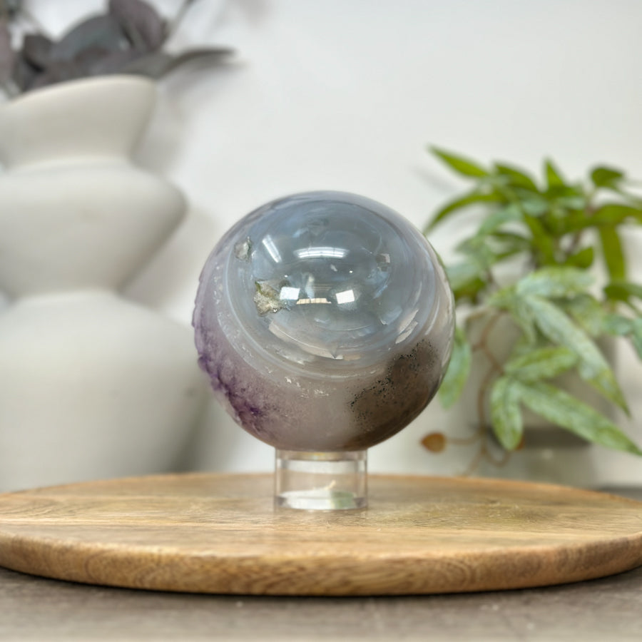 Amethyst &amp; Banded Agate Sphere Geode with Crystal Formation - SPH0184