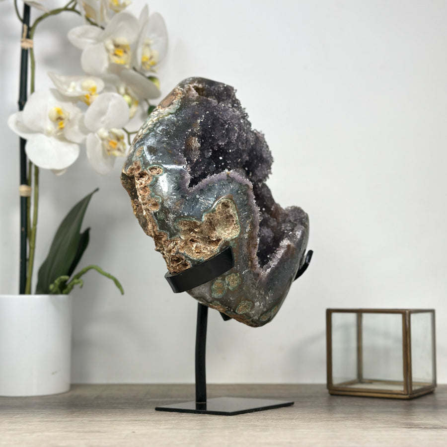 Natural Amethyst Druzy Crystal Geode, Metallic Stand Included - MWS2093