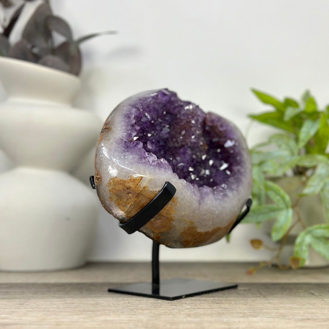 Unique Natural Amethyst Geode with Quartz Shell on Stand - MWS3313