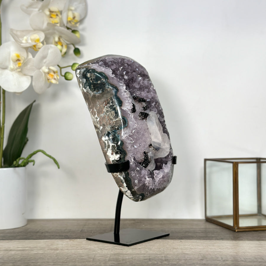 Uruguayan Amethyst Geode with Calcite on Metal Stand – Unique Crystal Display - MWS2705