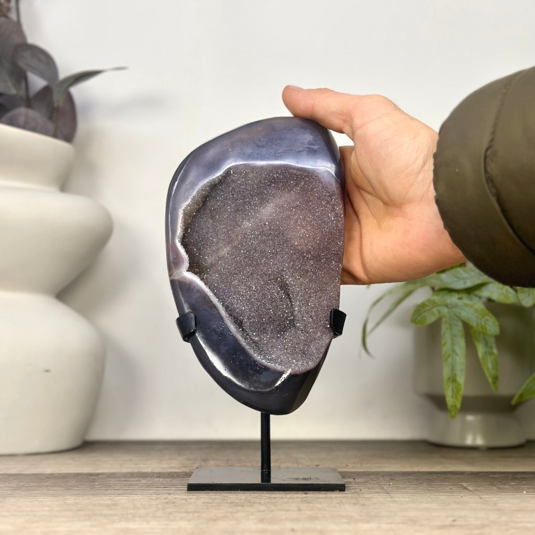 Blue Agate Geode with Druzy Crystals - Metal Stand included - MWS3347