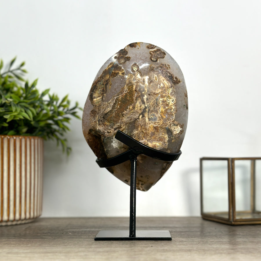 Caramel Tone Quartz Geode on Metal Stand – Natural Crystal Statement Piece from Uruguay - MWS2418