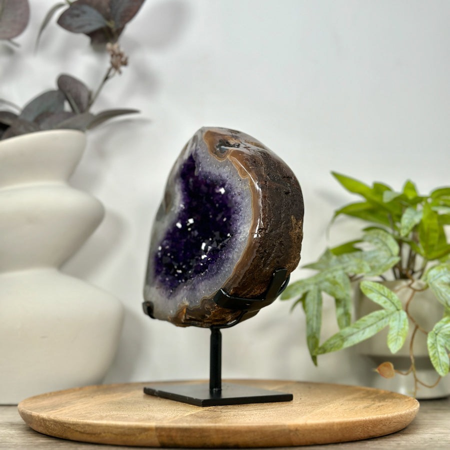 Amethyst &amp; Agate Geode with Polished Shell on Metal Stand - MWS3106
