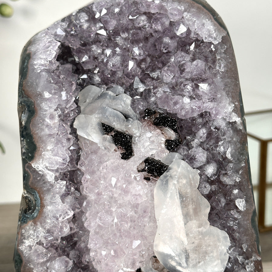 Uruguayan Amethyst Geode with Calcite on Metal Stand – Unique Crystal Display - MWS2705