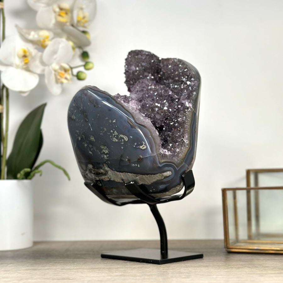 Natural Amethyst and Agate Specimen with Black Hematite Formations - MWS2394