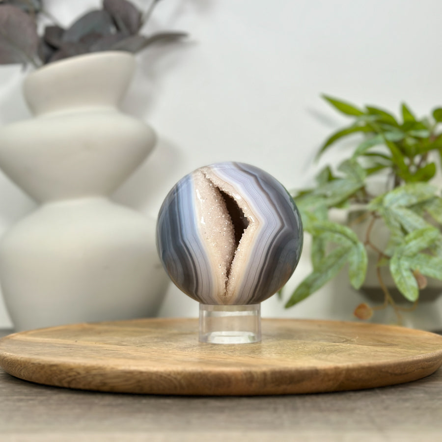 Blue Banded Agate &amp; Druzy Quartz Sphere Geode - SPH0156