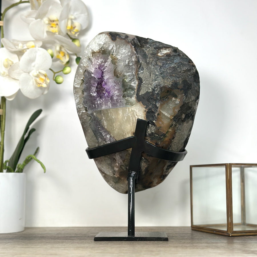 Rare Large Amethyst Geode with Quartz Shell &amp; Black Hematite Calcite Inclusion - MWS2535