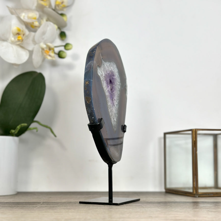 Agate &amp; Amethyst SLice with Metallic Stand - MWS2915