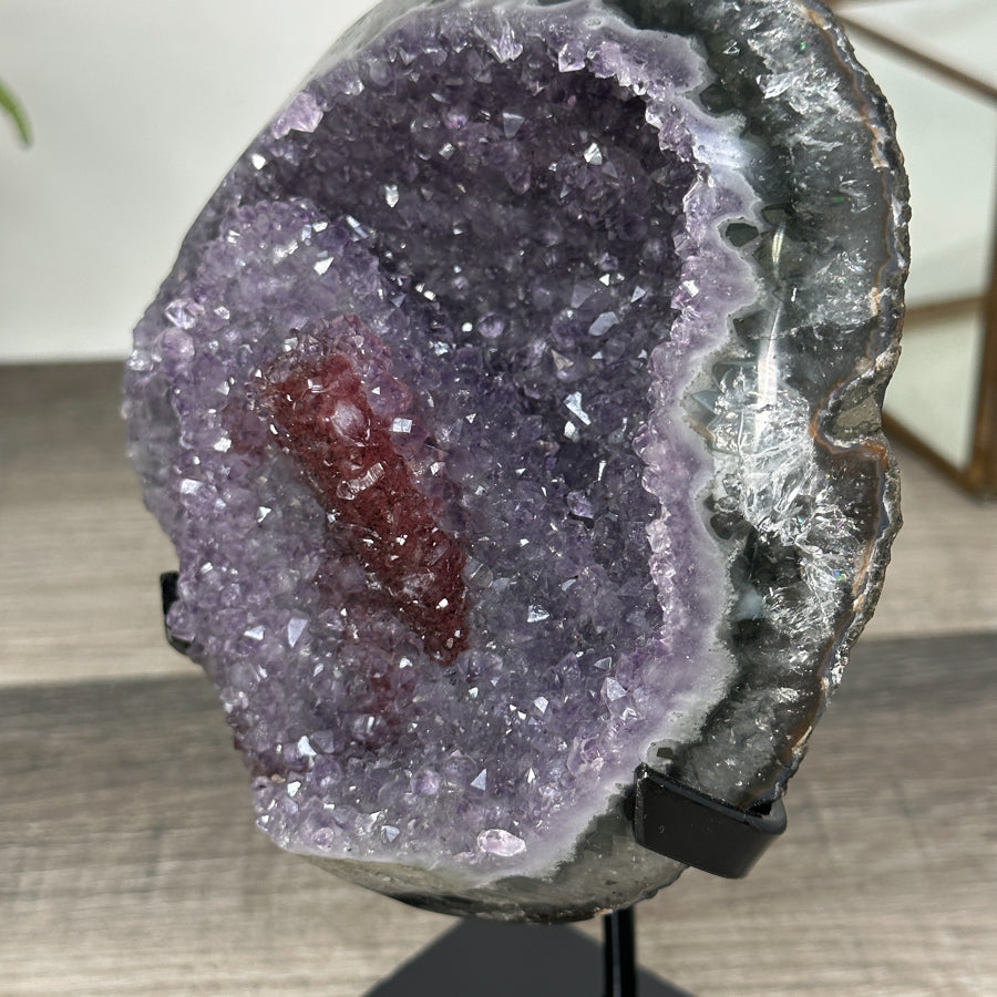 Amethyst Geode on Stand with Red Hematite &amp; Calcite Formation