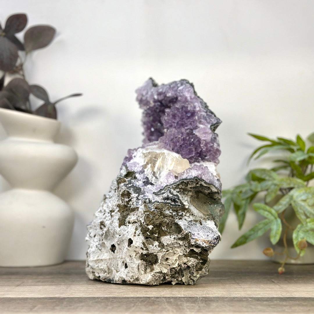 Natural Amethyst Cluster with Calcite Formation Covered with Sugar Crystals - CBP1423