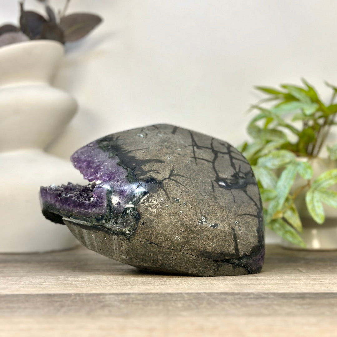 Natural Uruguayan Amethyst Geode with Calcite Formation Covered with Sugar Quartz Crystals - CBP1412