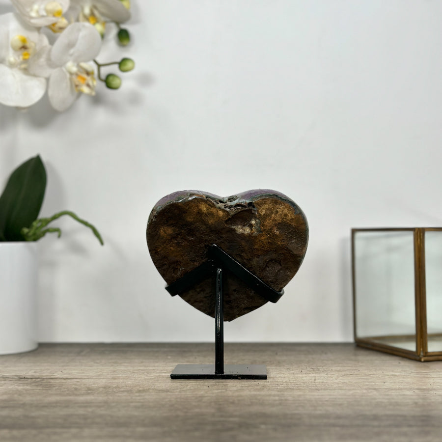 Natural Amethyst Crystal Heart, Metal Stand Included - HST0324